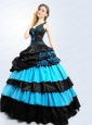 Modest V-neck Blue and Black Quinceanera Dress with Hand Made Flowers