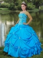 Strapless Satin Embroidery Quinceanera Dresses in Aqua Blue