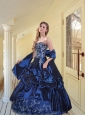 2015 New Style Strapless Navy Blue Sweet Sixteen Dresses with Appliques and Pick-ups