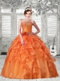 2015 Pretty Puffy Strapless Ruffles Orange Red Dress For Quinceanera