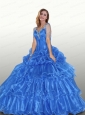 Beaded Decorate Straps Organza Quinceanera Dress in Blue