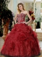 Strapless Orgazna Rolling Flowers Quinceanera Dress in Wine Red