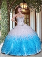 Exquisite White and Blue Quinceanera Dress with Beading and Ruffles