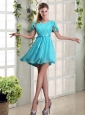 A Line Ruching and Belt V Neck Prom Dress with Cap Sleeves