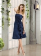 Navy Blue Ruching and Hand Made Flowers Strapless Prom Dresses