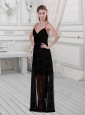 2015 Spaghetti Straps Column Black Prom Dress with Floor Length