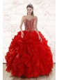 Sweetheart Pretty Red Quinceanera Dresses With  Beading and Ruffles for 2015
