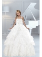 Appliques and Ruffles White delicate Little Girl Pageant Dress with Spaghetti Straps
