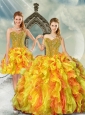 2015 Custom Made and Detachable Yellow and Orange Sweet 16 Dresses with Beading and Ruffles