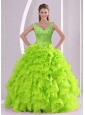 Puffy Beading and Ruffles Quince Dresses in Green