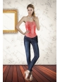 2015 New Style Strapless Coral Red Corset with Embroidery