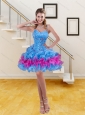 Beautiful Spaghetti Straps Ruffled Layers and Beaded Prom Dress in Blue