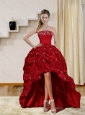 2015 Pretty Strapless Red Prom Dresses with Embroidery and Pick Ups