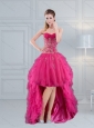 High Low Sweetheart Hot Pink 2015 Prom Dress with Embroidery and Beading