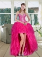 High Low Hot Pink Sweetheart Prom Dresses with Ruffls and Beading