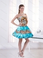 2015 Leopard Printed Sweetheart Beaded Mini Length Prom Dresses in Aqua Blue