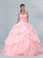 Popular Pink Sweetheart Beaded Quinceanera Dresses with Ruffled Layers