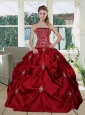Wine Red  Pretty Strapless 2015 Quinceanera Gown with Embroidery and Pick Ups