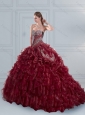 Burgundy Sweetheart 2015 Quinceanera Dresses with Embroidery and Ruffled Layers