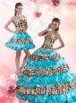 Elegant Leopard Printed Sweetheart Brush Train Quinceanera Dresses in Aqua Blue