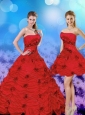 2015 Elegant Red Strapless Quinceanera Dresses with Beading and Hand Made Flower