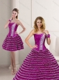 Cute 2015 Fuchsia Strapless Quinceanera Dress with Ruffled Layers and Beading