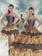 Gold Strapless Leopard 2015 Quinceanera Dress with Ruffled Layers and Beading