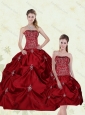 Pretty Wine Red Strapless Quinceanera Gown with Embroidery and Pick Ups