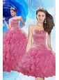 Luxurious Coral Red Quince Dresses with Beading and Ruffles