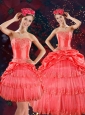 Strapless Quinceanera Dresses with Beading and Pick Ups in Coral Red
