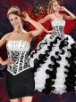 2015 Cute Strapless White and Black Quince Dresses with Beading and Ruffles