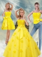 2015 Detachable Yellow Quince Dresses with Rolling Flowers and Bowknot