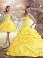 2015 Perfect Yellow Strapless Brush Train Quinceanera Dresses with Beading
