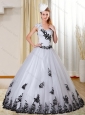 Cheap One Shoulder White and Black Quinceanera Dress with  Appliques for 2015