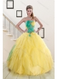 Popular 2015 Strapless Yellow and Green Sweet 15 Dresses with Ruching