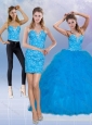 2015 Modest Teal Sweetheart Quince Dresses with Sequins and Ruffles