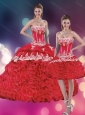 2015 Red Strapless Appliques Quinceanera Dresses with Rolling Flowers