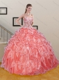 Pretty Watermelon Sweetheart Ruffled and Appliqued Quinceanera Dresses for 2015