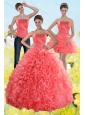 2015 Inexpensive Watermelon Sweet 15 Dresses with Beading and Ruffles