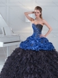 2015 Modest Beading and Pick Ups Blue and Black Sweetheart Quince Dresses