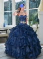 2015 New Style Beading and Ruffles Quince Dresses in Navy Blue