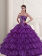 2015 Affordable Purple Quinceanera Dress with Ruffled Layers and Beading