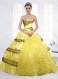 2015 Strapless Yellow Quinceanera Dress with Beading and Ruffles