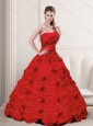 Beautiful Red Strapless Quinceanera Dresses with Beading and Hand Made Flower for 2015