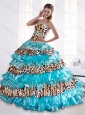 Modest 2015 Leopard Printed Sweetheart Beaded Aqua Blue Quinceanera Dresses with Brush Train