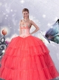 New Arrival Ball Gown Coral Red Sweetheart Quinceanera Dresses with Layers and Appliques