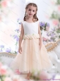 2015 White Little Girl Pageant Dress with Waistband and Hand Made Flowers