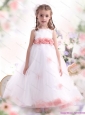 White Little Girl Pageant Dresses with Pink Waistband and Hand Made Flower