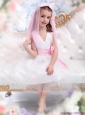 Beautiful White Little Girl Pageant Dress with Baby Pink Waistband and Hand Made