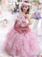 Rose Pink Little Girl Pageant Dress with Hand Made Flowers and Ruffled Layers